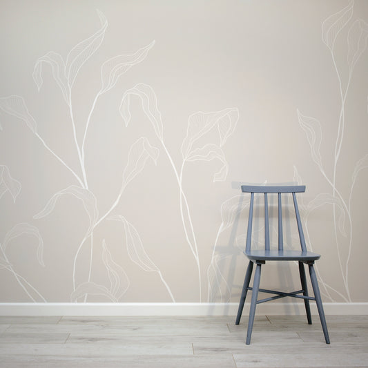 Neutral Beige Scandi Flowers Wallpaper Mural Interior Design with a Blue Occasional Char