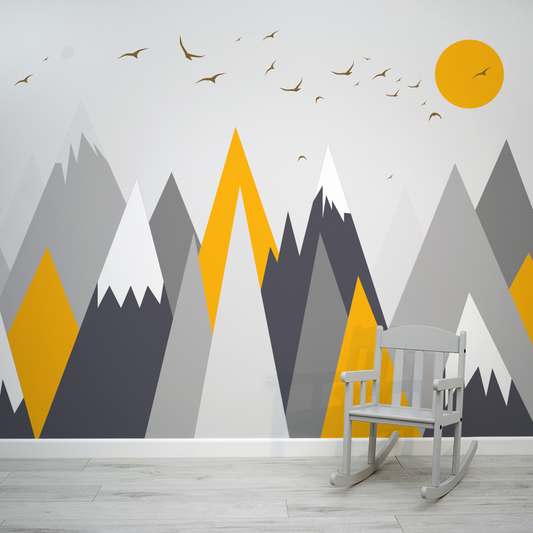 Grey & Yellow Mountains Graphic Cative Wallpaper Mural with Children's Chair