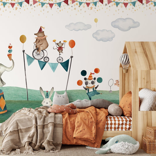 Circus Kid's Bedroom with Autumn Colored Bed and Animal Plush