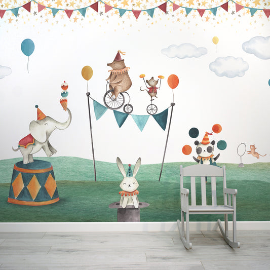Circus Animal Circus Children's Watercolour Scene Wallpaper Mural with Kid's Chair