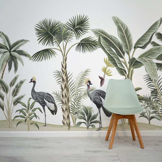 Crane Island Tropical Jungle Wallpaper Mural with Green Chair