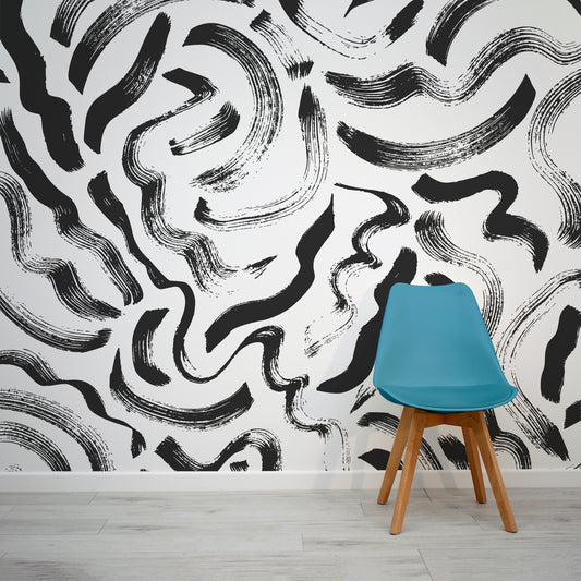 Dianda Black and White Brushstrokes Wallpaper Mural with Blue Chair