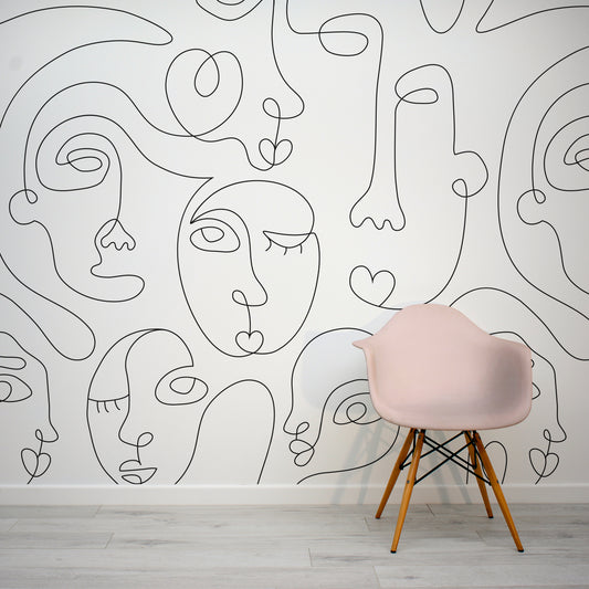 Diem Abstract Faces Love Heart Wallpaper Mural with Pink Chair