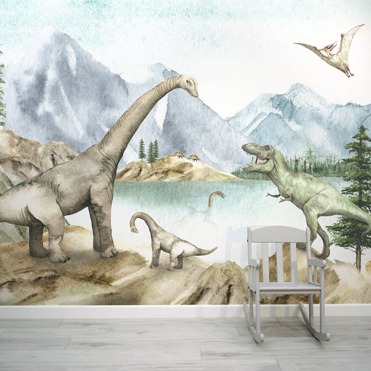 Dino Children's Watercolour Dinosaur Scene Wallpaper Mural with Kid's Chair