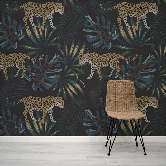 Discoves Leopards in the Jungle Wallpaper Mural with Rattan Chair