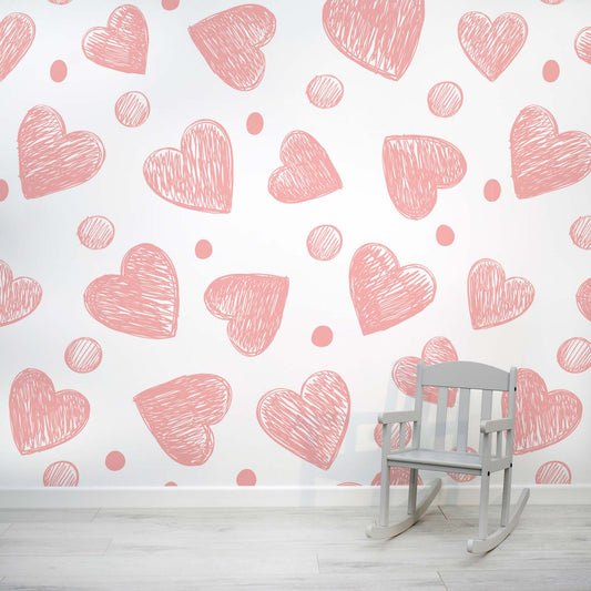Elsie - Pink Girls Doodle Love Hearts en Polka Dot Wallpaper Mural