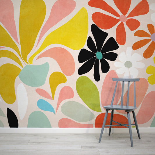 Retro floral wallpaper featuring a watercolour texture in bright colours from wallpapermural.com