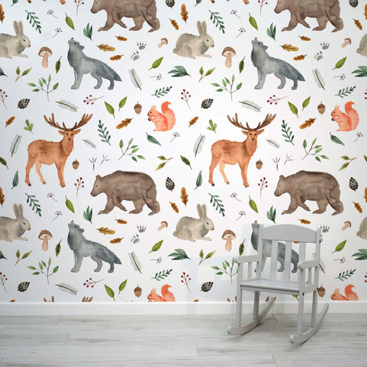 Watercolour woodland animal wall mural by WallpaperMural.com