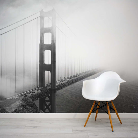 Misty Golden Gate Bridge in monochrome photographic wall mural by WallpaperMural.com