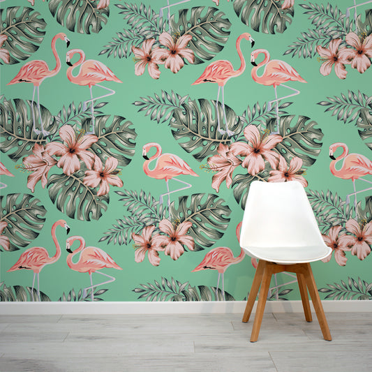 Haroase Green Leaf Pink Flamingo Pattern Wallpaper mural with a stylish white chair