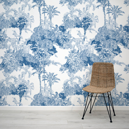 Holize Blue Tree Wallpaper Mural with Rattan Chair