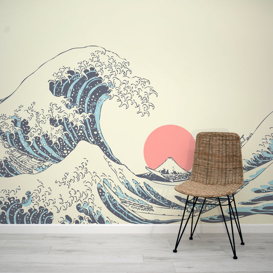 Kanagawa Great Wave Japanese Inspired Wallpaper Mural with Rattan Chair