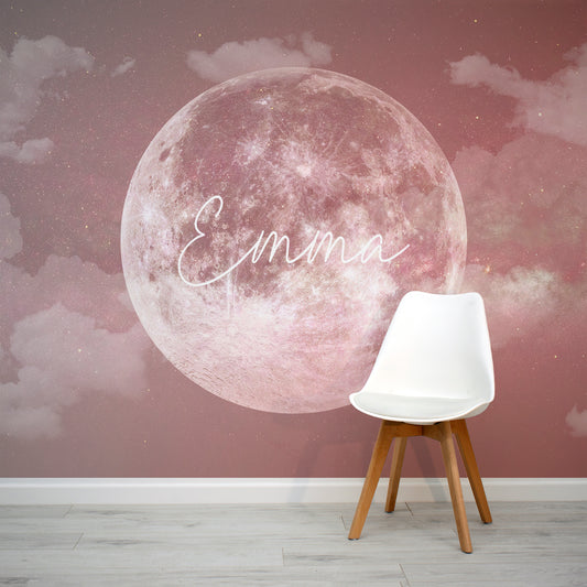Lupin Rose with Name Personalised Kid's Pink Moon in Space Wallpaper Mural with White Chair