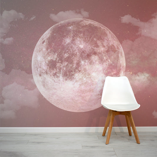 Lupin Rose Kid's Pink Moon in Space Wallpaper Mural with White Chair