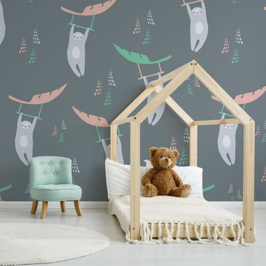 Oliver wallpaper mural with a child bed frame and a Green chair | WallpaperMural.com