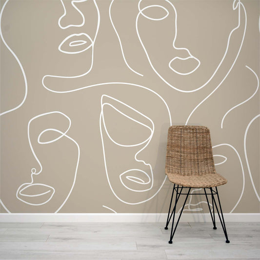 Robyn Sten - Wit & Grijs Abstract Face Line Art Behang Muurschildering