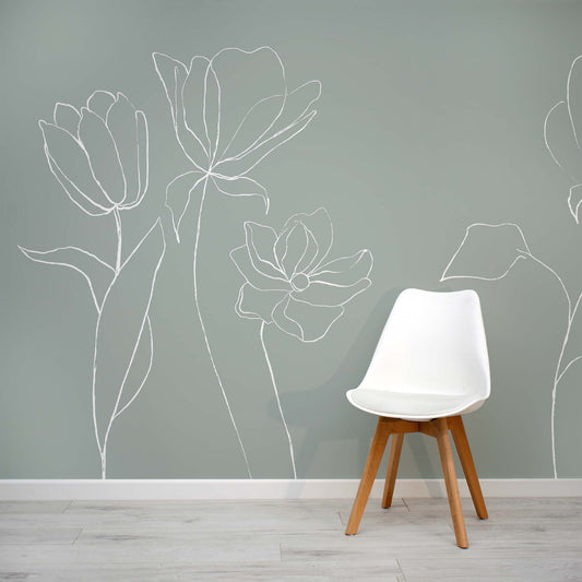 Sage Green Flower Ink Illustration Wall Mural by WallpaperMural.com