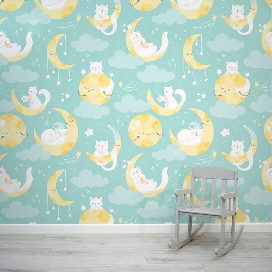 Sleepy Blue - Blue Cats & Moon Children's Wallpaper Mural with Baby Chair