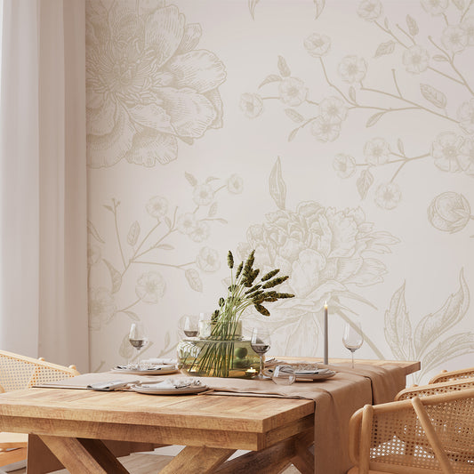 Subtle Botany wallpaper mural features details flowers and branches in a minimalist costwold inspired colour palette. Subtle Botany featured in living room.