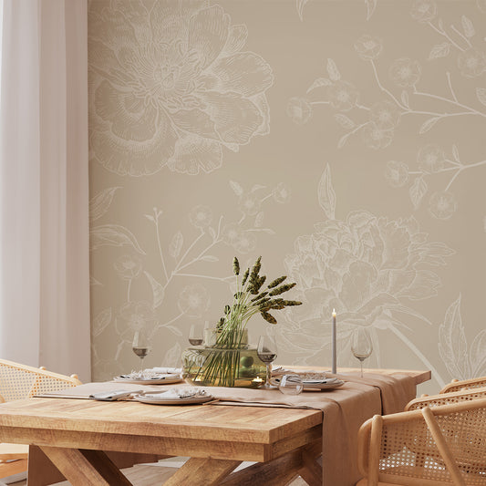 Subtle Botany Beige - Subtle Beige Floral Wallpaper Mural