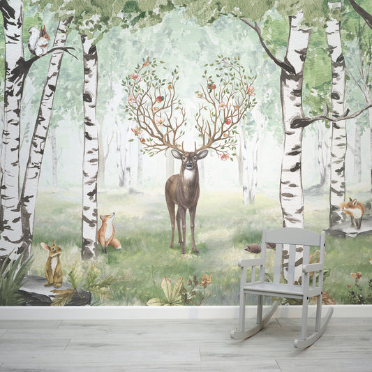 Antlers Summery Watercolour Woods Children's Wallpaper Mural with Kid's Chair