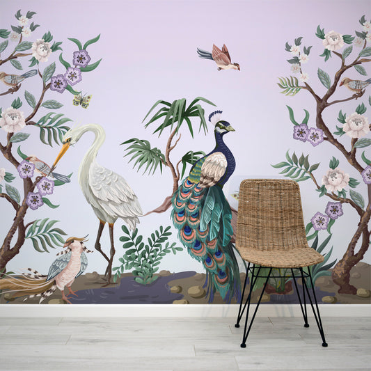 Violet Oasis Purple Chinoiserie Birds & Flowers Wallpaper Mural with Rattan Chair